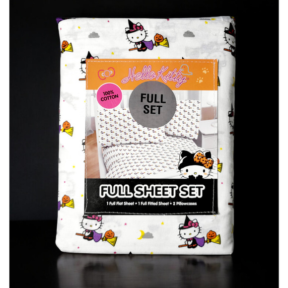 NWT HELLO‎ KITTY Witch Broom with Pumpkin Sanrio 2024 Halloween FULL Sheet Set